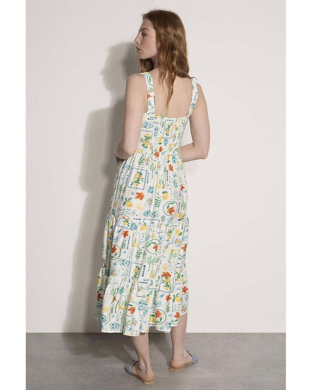 Apricot Natural Postcard Print Tiered Midi Dress