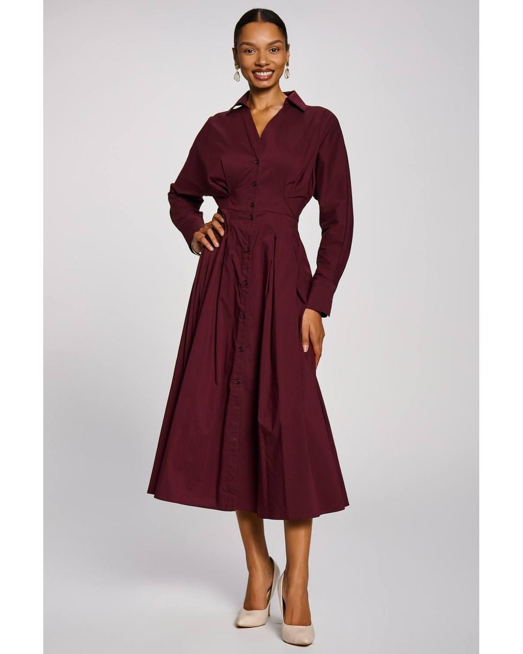 Jolie Moi Red Long Sleeve Cotton Shirt Dress