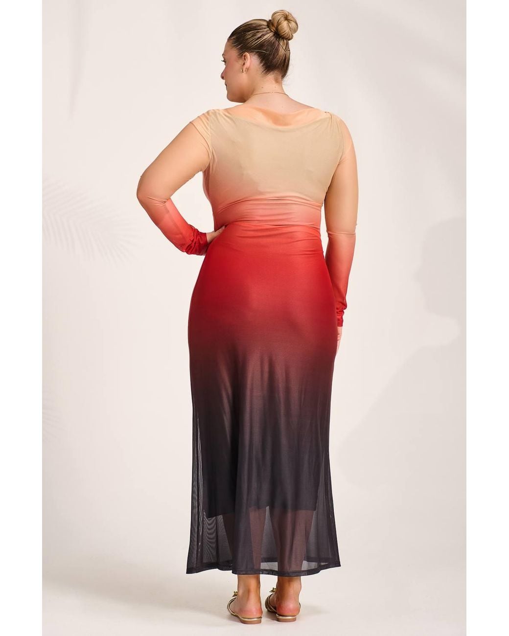 Jolie Moi Red Long Sleeve Slash Neck Mesh Maxi Dress