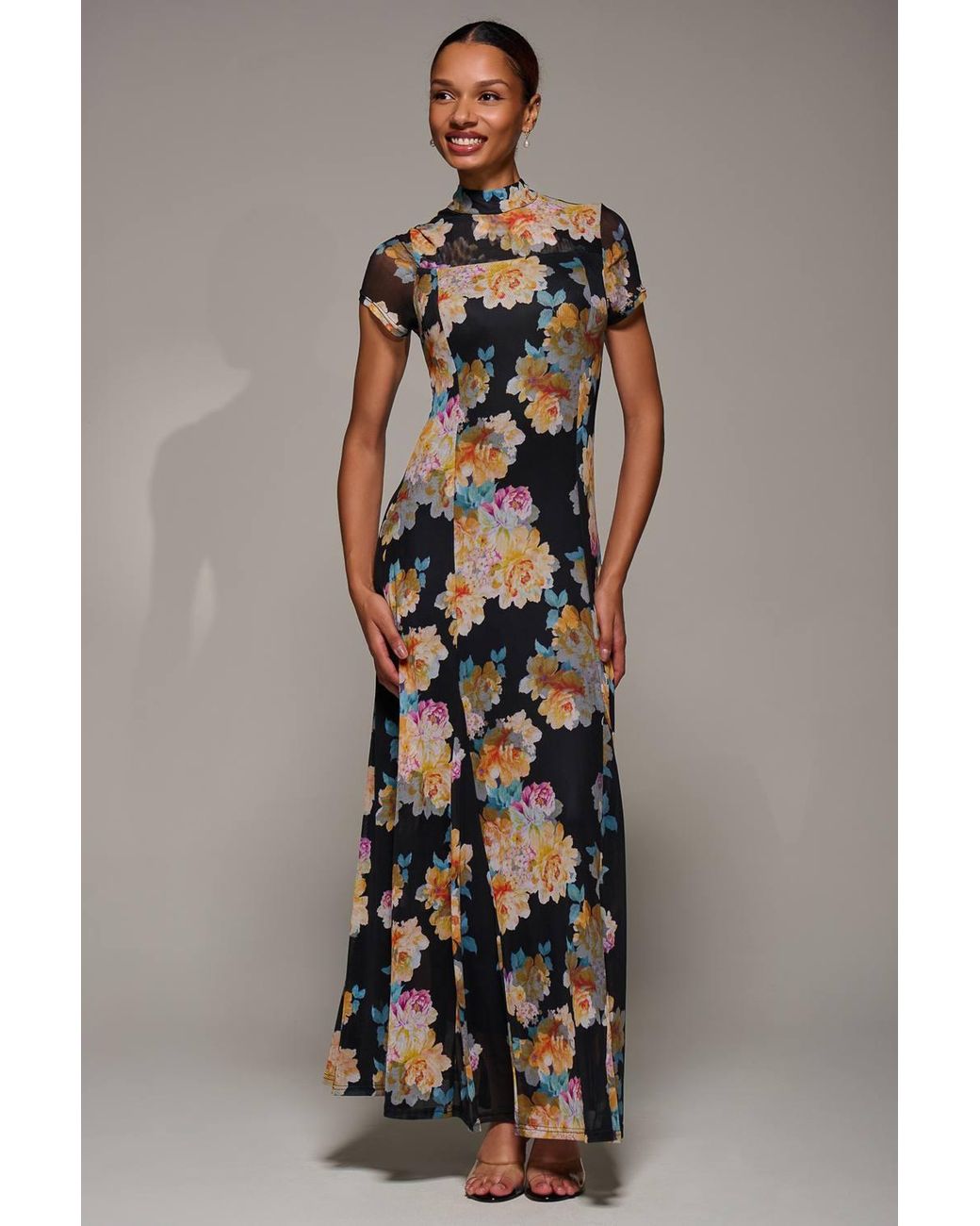 Jolie Moi Black Turtle Neckline Mesh Maxi Dress
