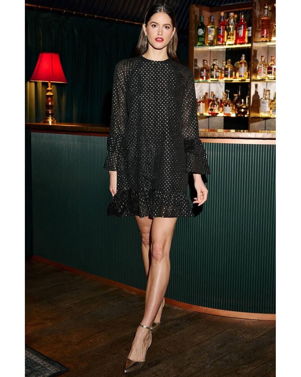Yumi' Black Foil Print Tunic W/ Flared Sleeves Dress