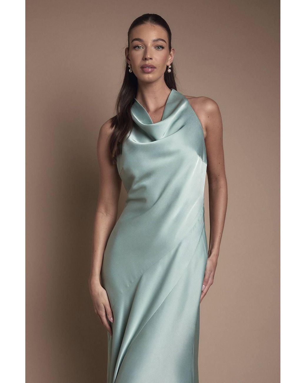 Oasis Green Cowl Halterneck Satin Maxi Bridesmaid Dress