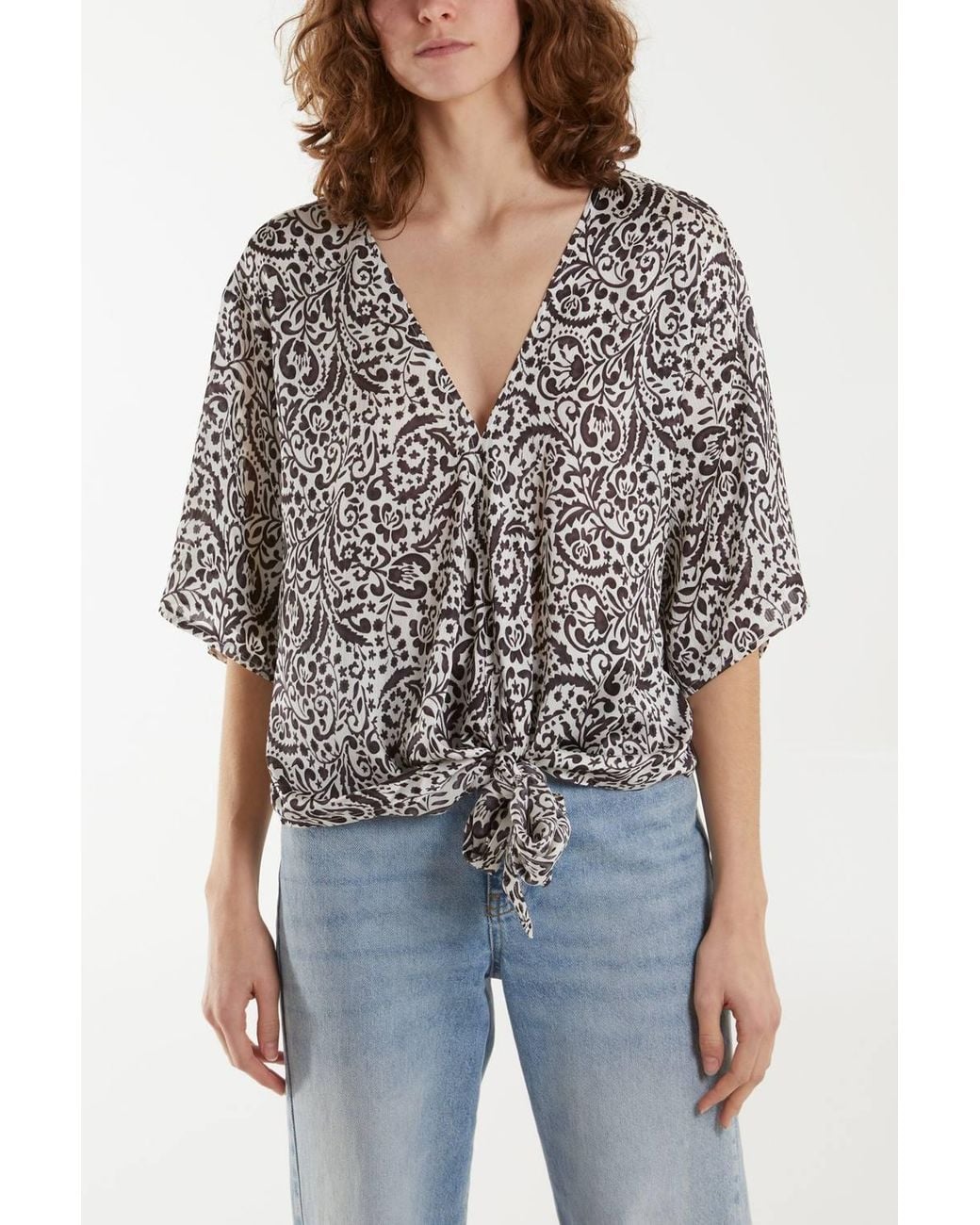 Blue Vanilla Gray Tie Front V Neck Paisley Top