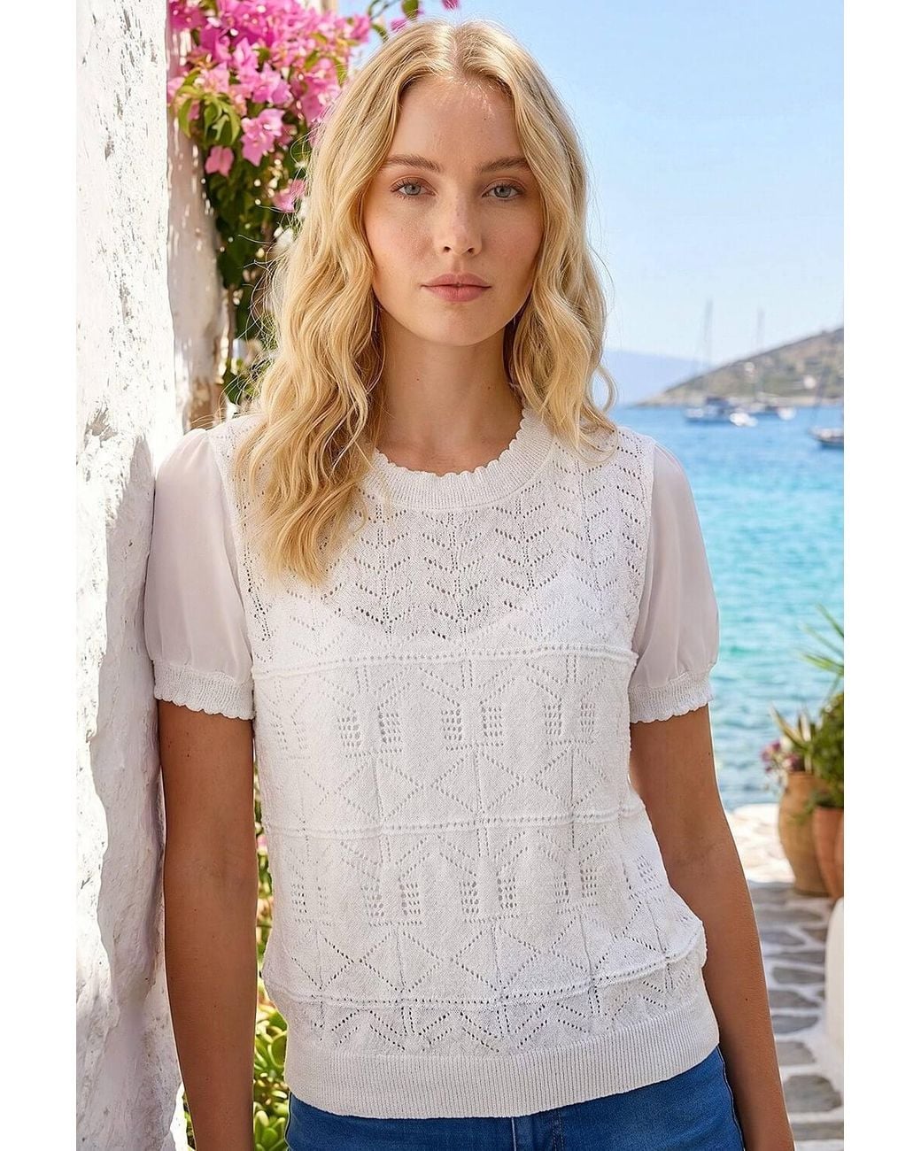 Roman White Pointelle Knit Tee
