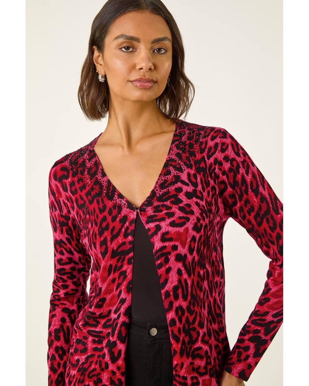 Roman Red Hotfix Animal Print Knit Cardigan
