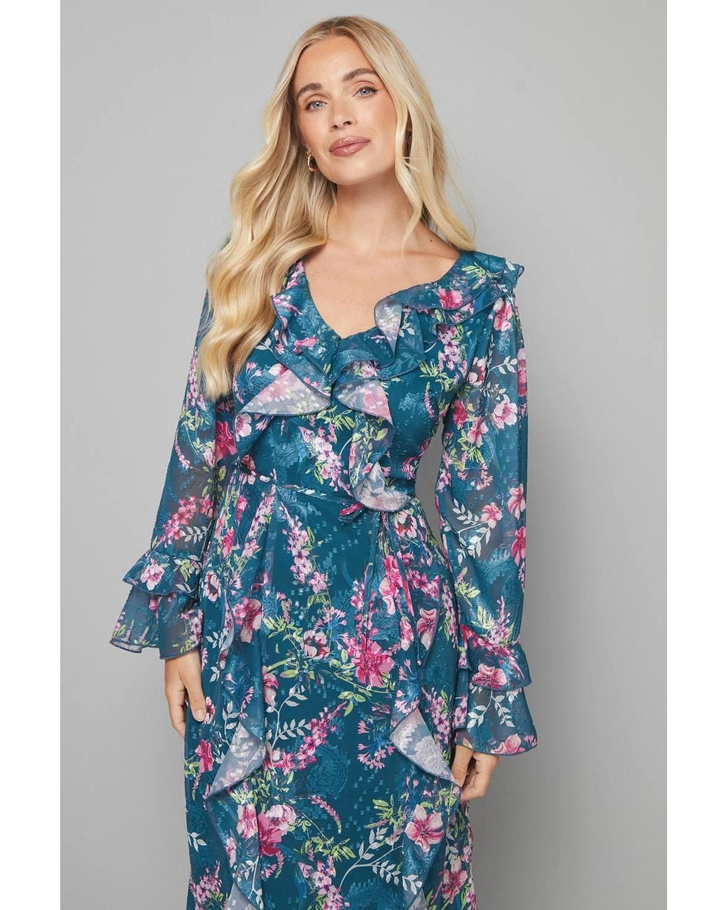 Wallis Blue Petite Floral Ruffle Belted Midaxi Dress
