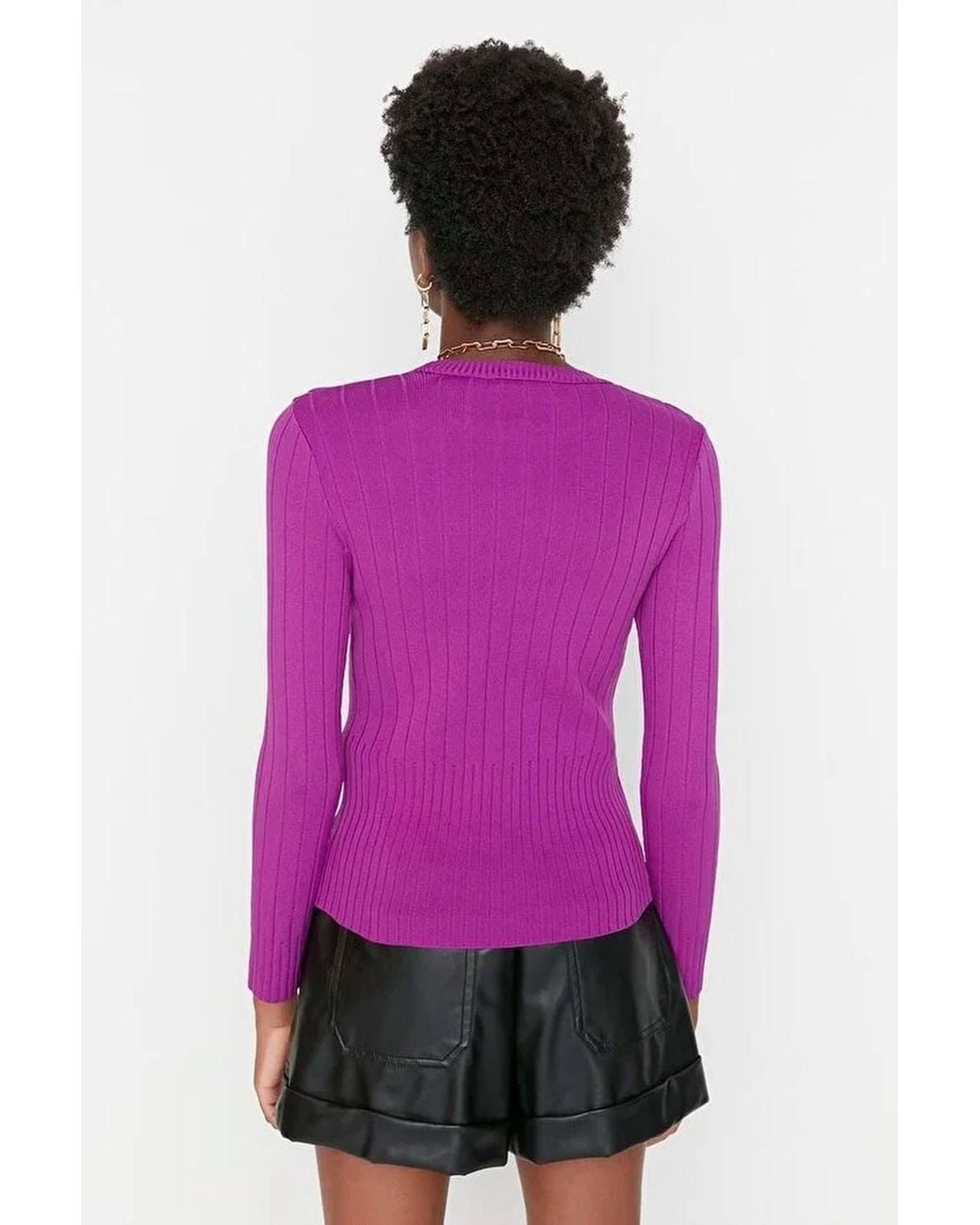 WOVCOR Purple Ribbed Crew Neck Slim Fit Knit Sweater