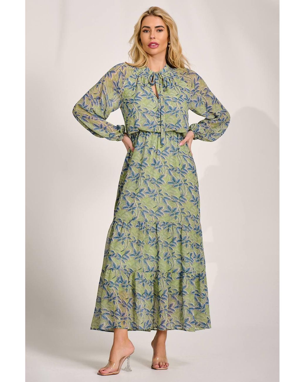 Jolie Moi Green Chiffon Long Sleeve Tiered Maxi Dress