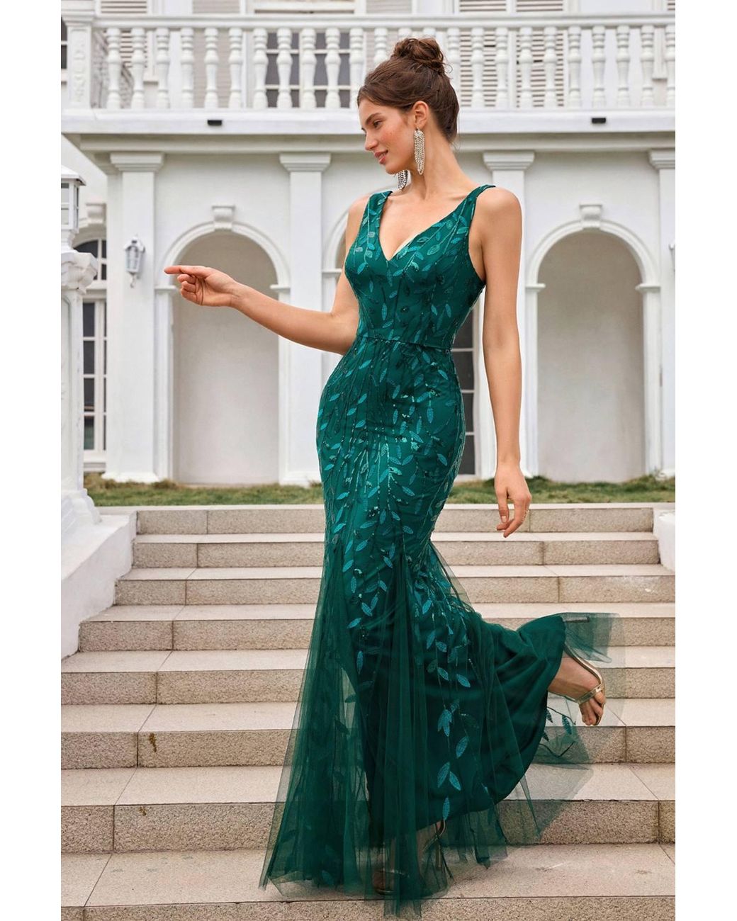 FS Collection Green Sequin Leaf Detailed V Neck Bridesmaid Maxi Dress