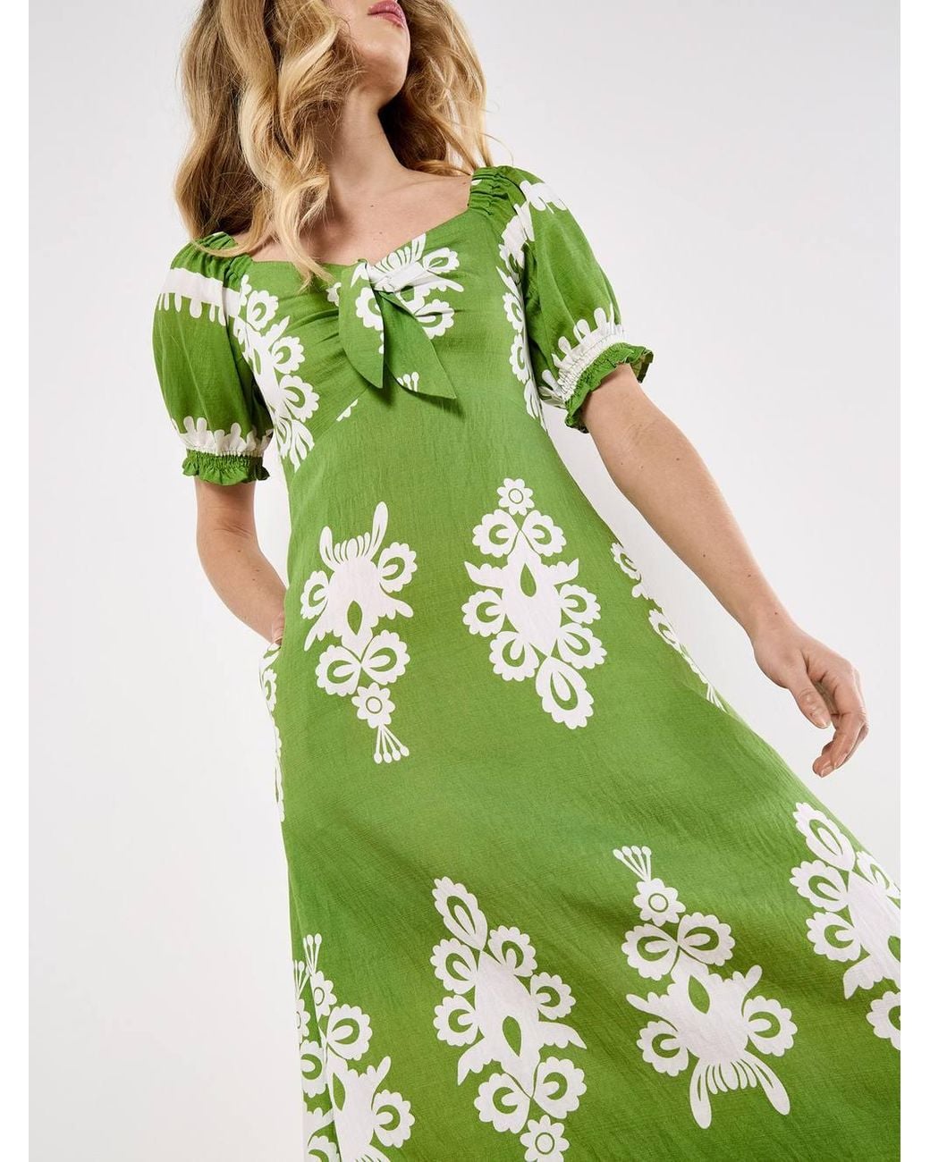 Apricot Green Folk Floral Print Midi Dress