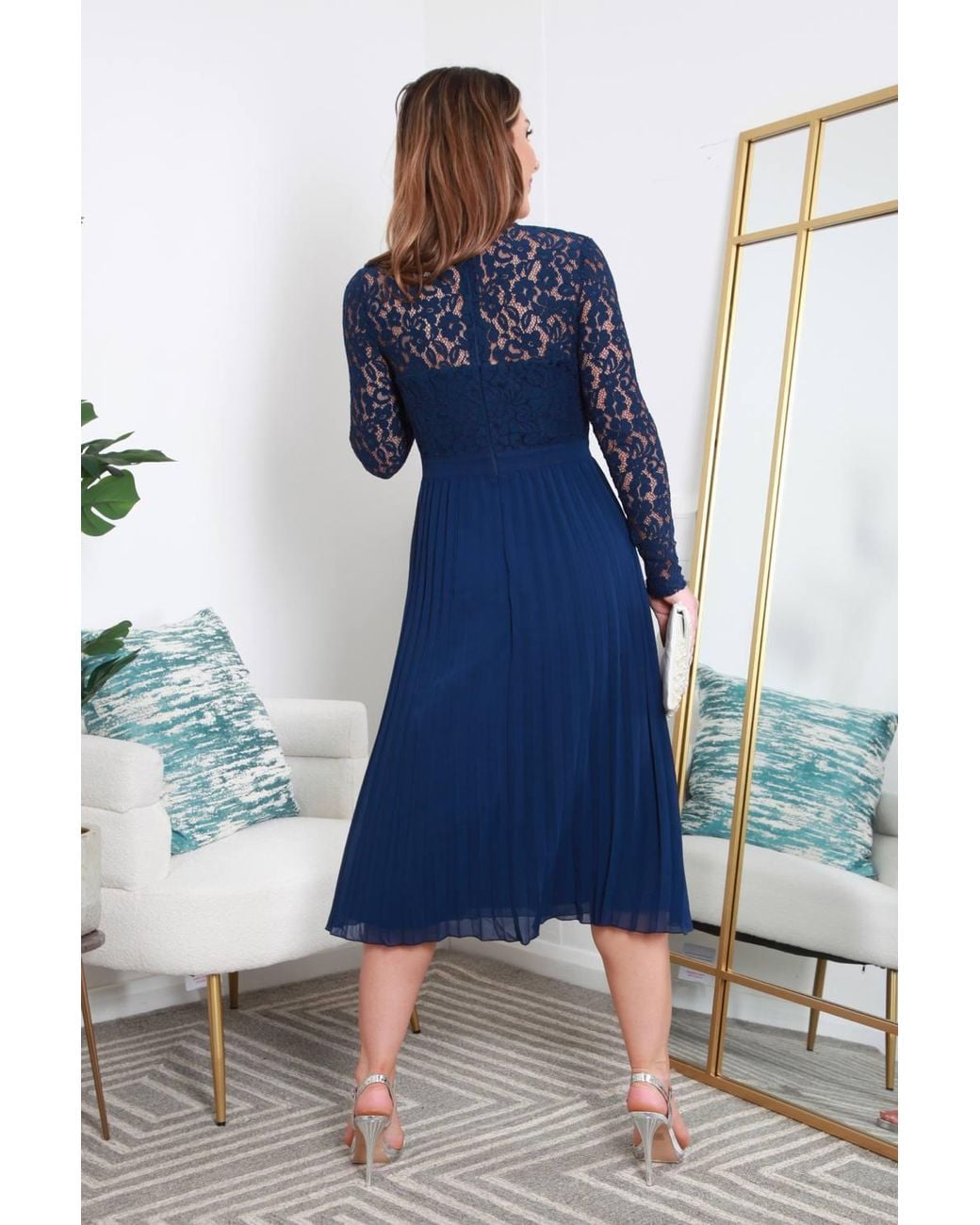 Double Second Blue Long Sleeve Lace Pleated Dress