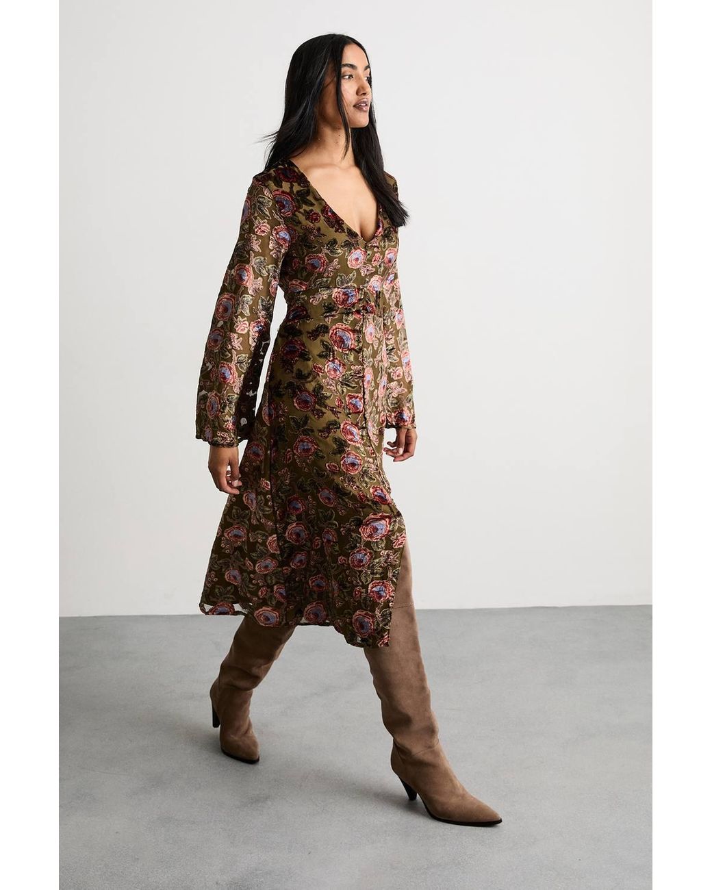 Warehouse Brown Devore Plunge Neck Waisted Midi Dress
