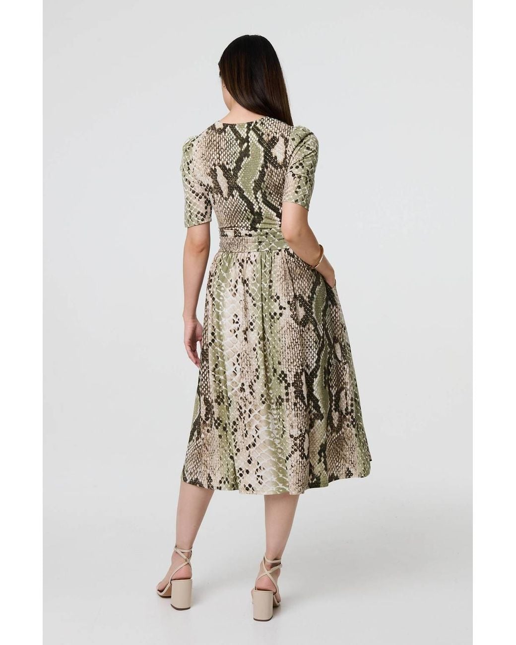 Izabel London Green Snake Print 1/2 Sleeve Jersey Midi Dress