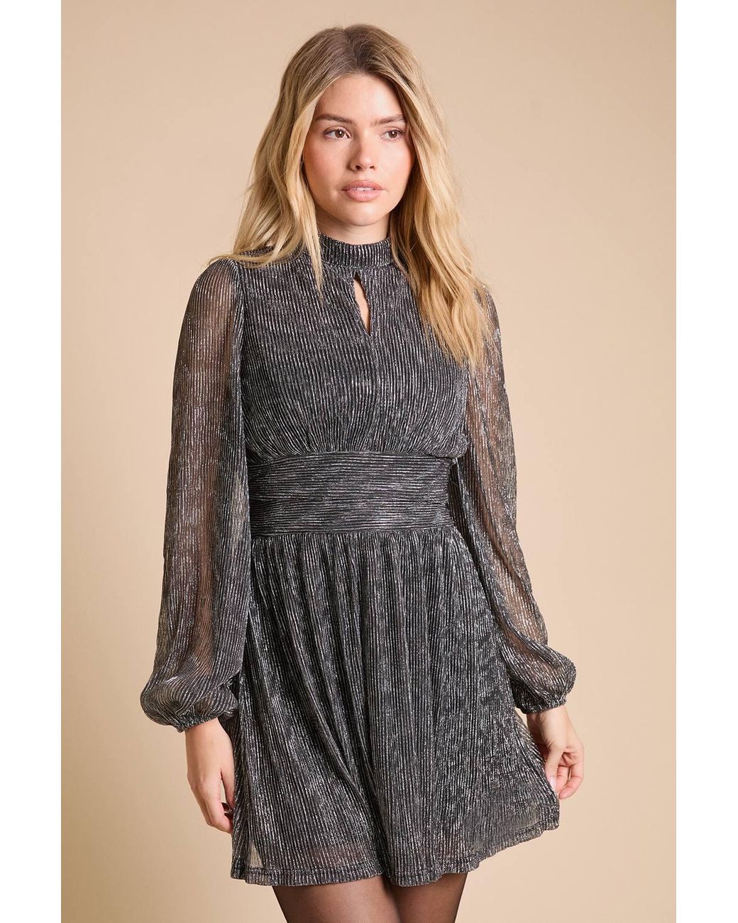 Dorothy Perkins Natural Petite Dp Luxe Sparkle Plisse Jersey High Neck Mini Dress