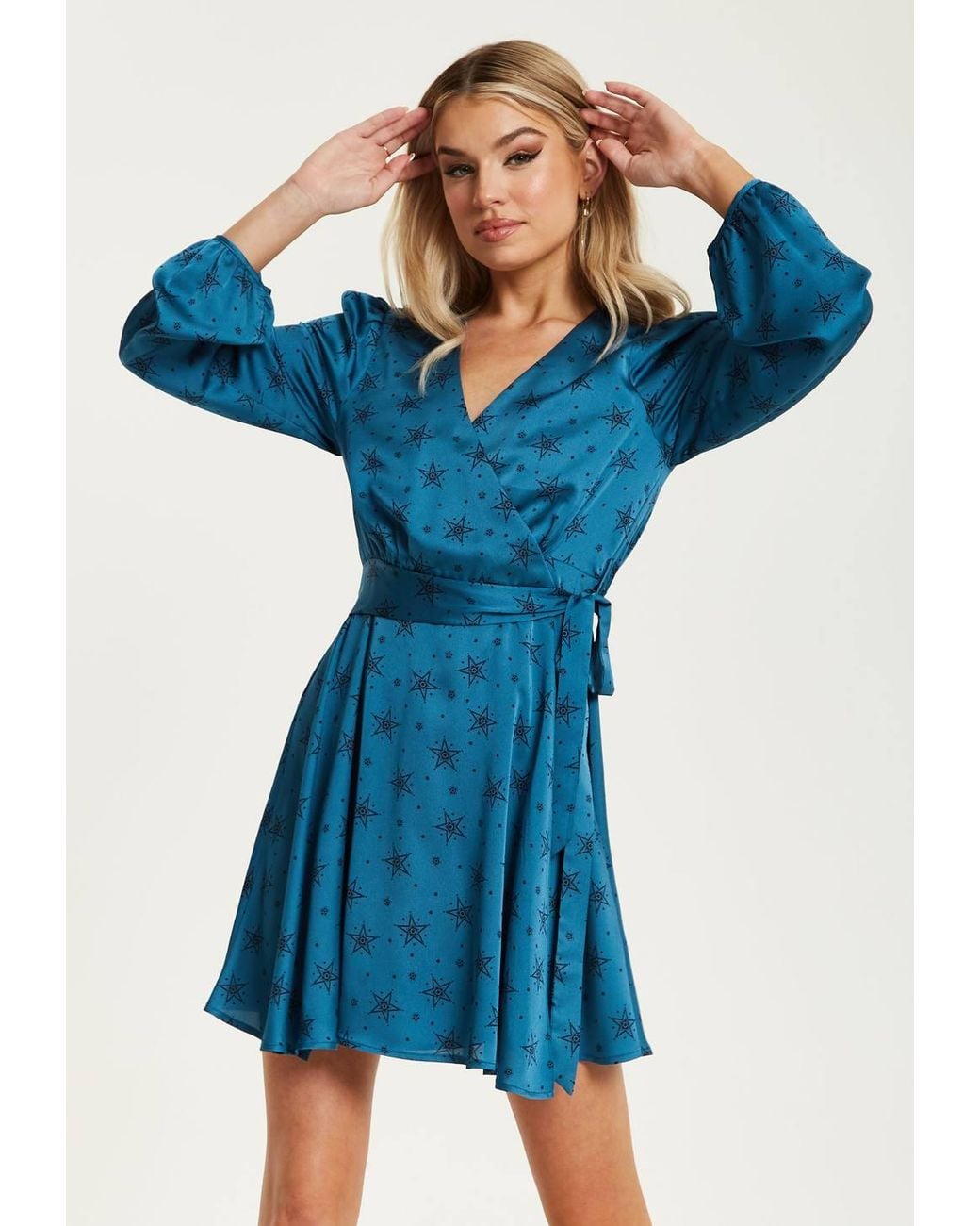 Liquorish Blue Star & Polka Dot Print Mini Wrap Dress W/ Long Sleeves