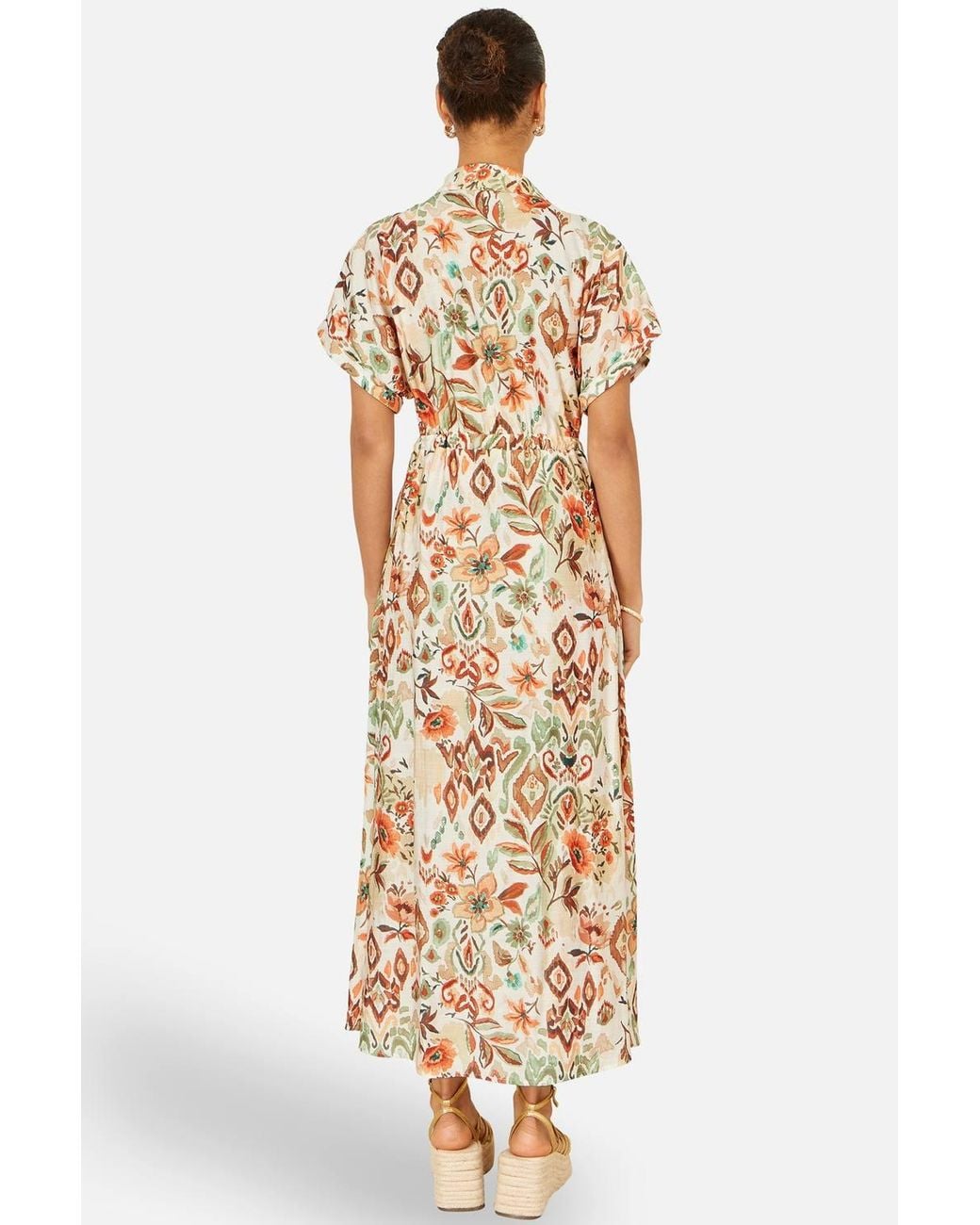 Yumi' Natural Viscose Relaxed Boho Print Maxi Shirt Dress