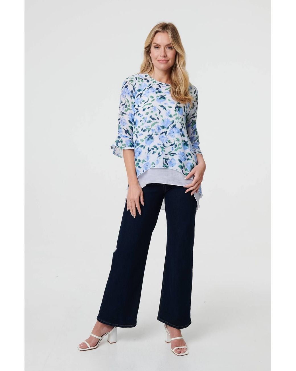 Izabel London Blue Floral Layered 3/4 Sleeve Tunic Top