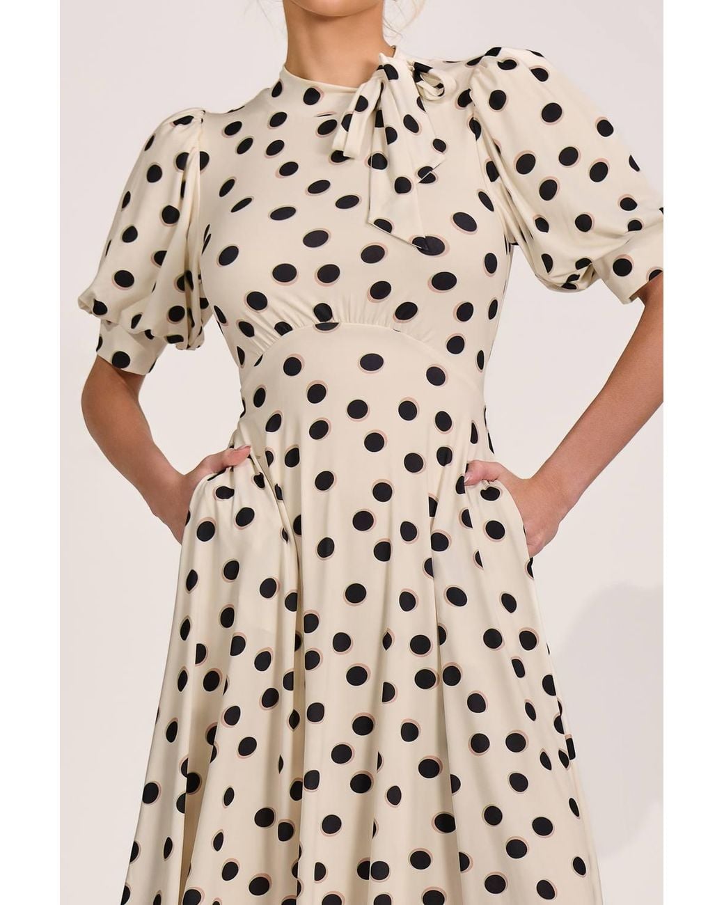 Jolie Moi Natural Tie Neck Puffy Sleeve Jersey Midi Dress