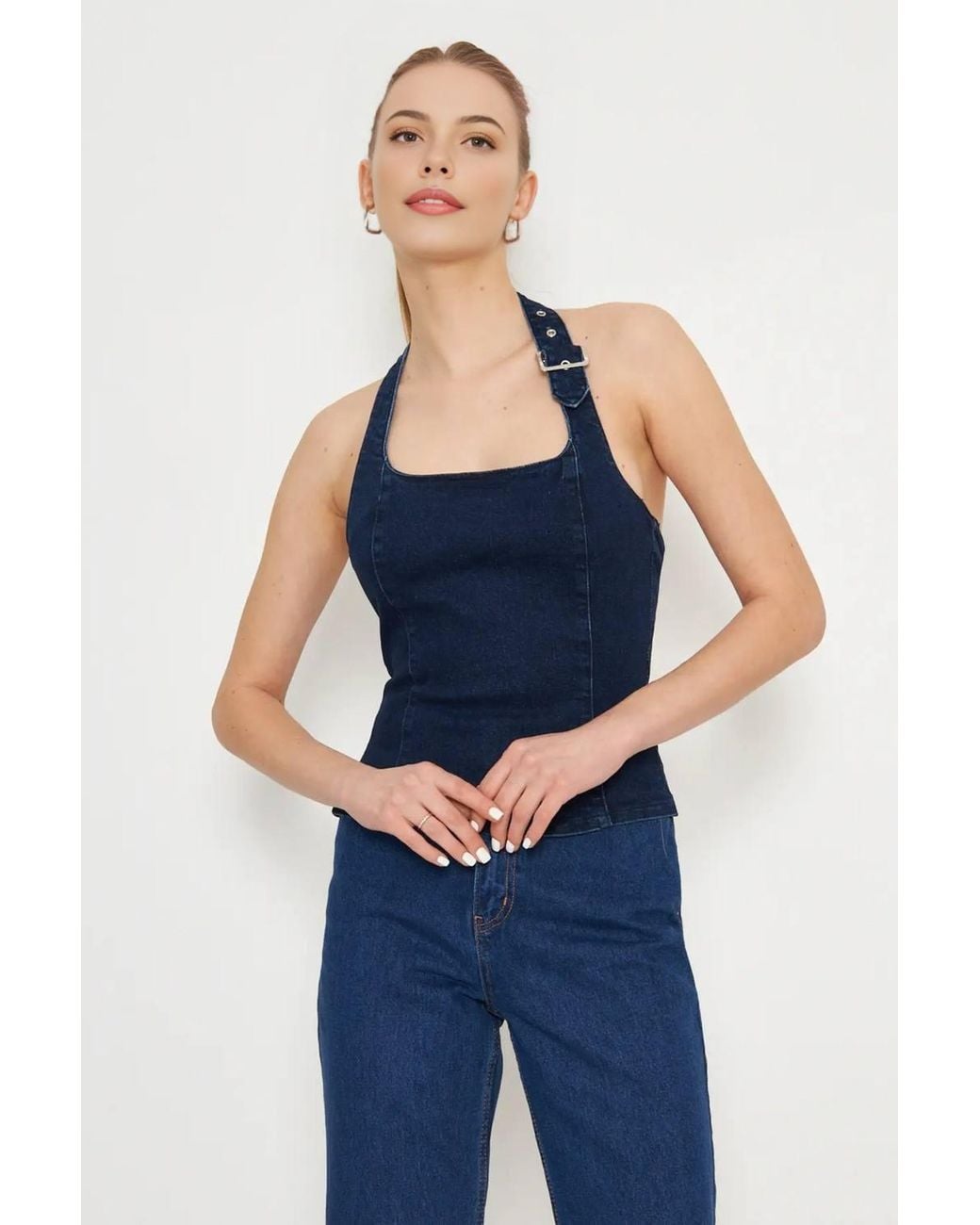 WOVCOR Blue Sleeveless Denim Halter Top W/ Buckle Strap Detail