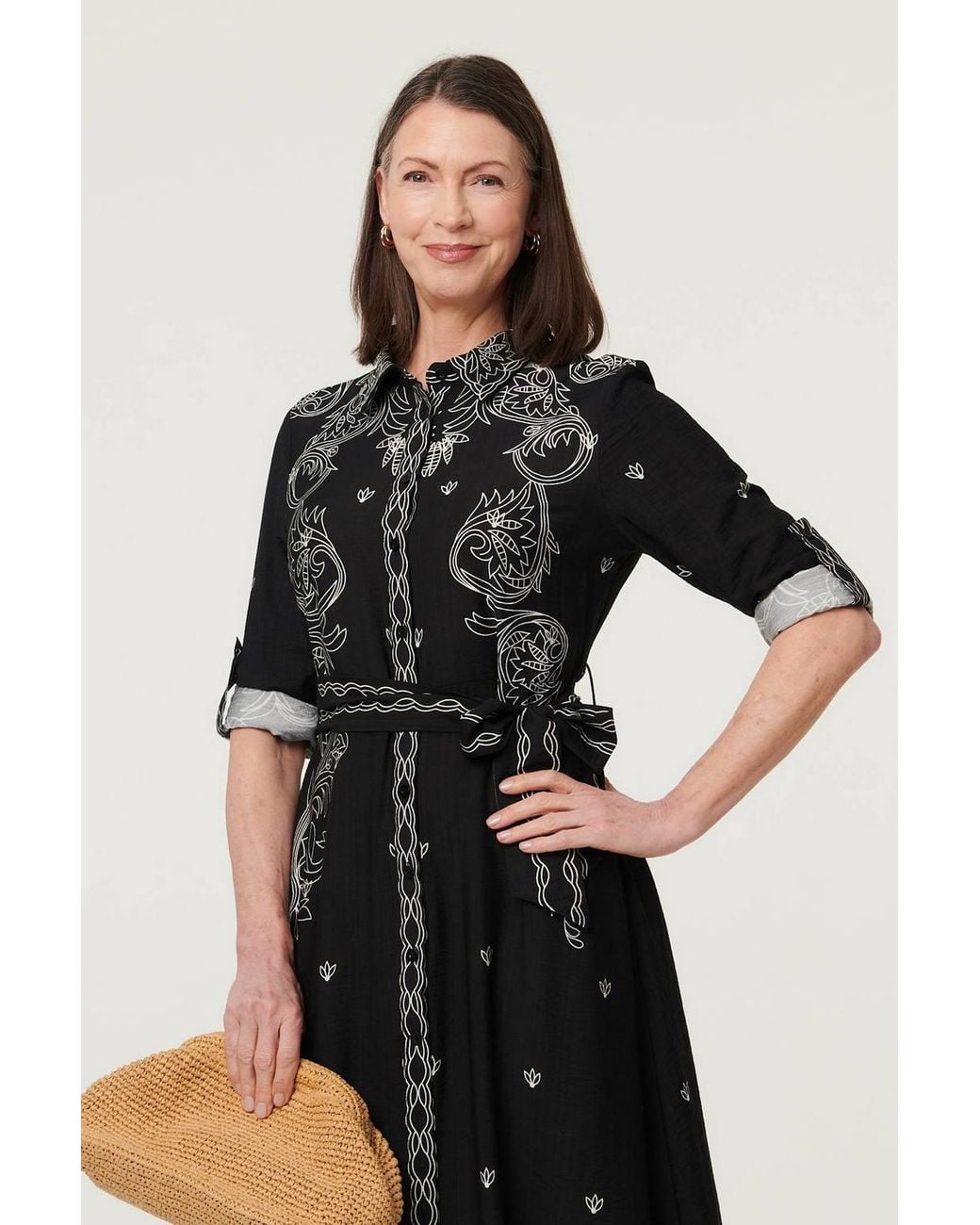 Izabel London Black Border Print Tie Waist Midi Shirt Dress