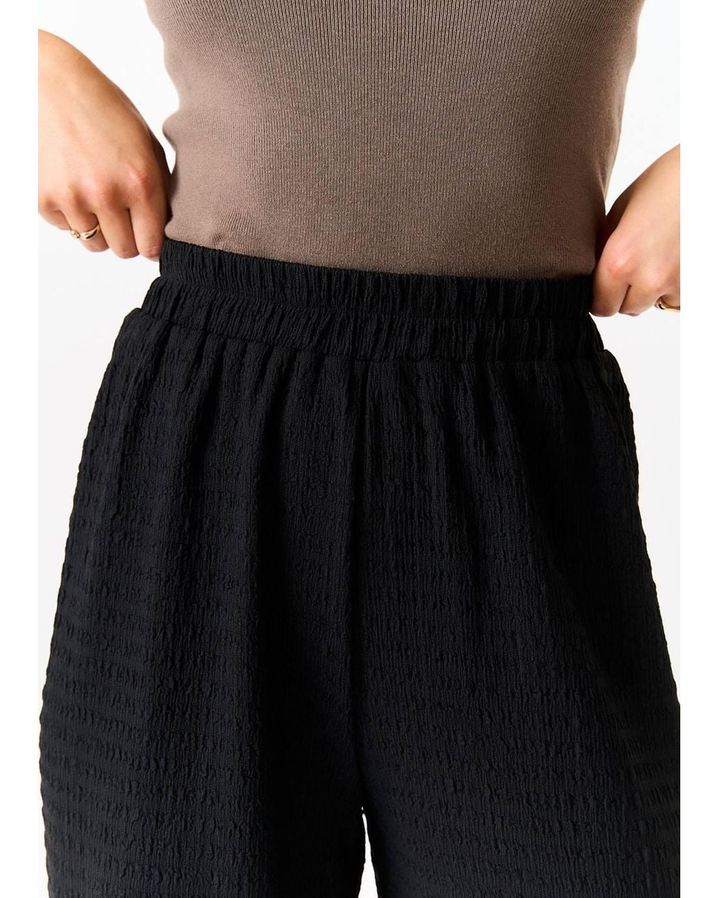 Gini London Black Textured Elastic Waist Pull On Trousers