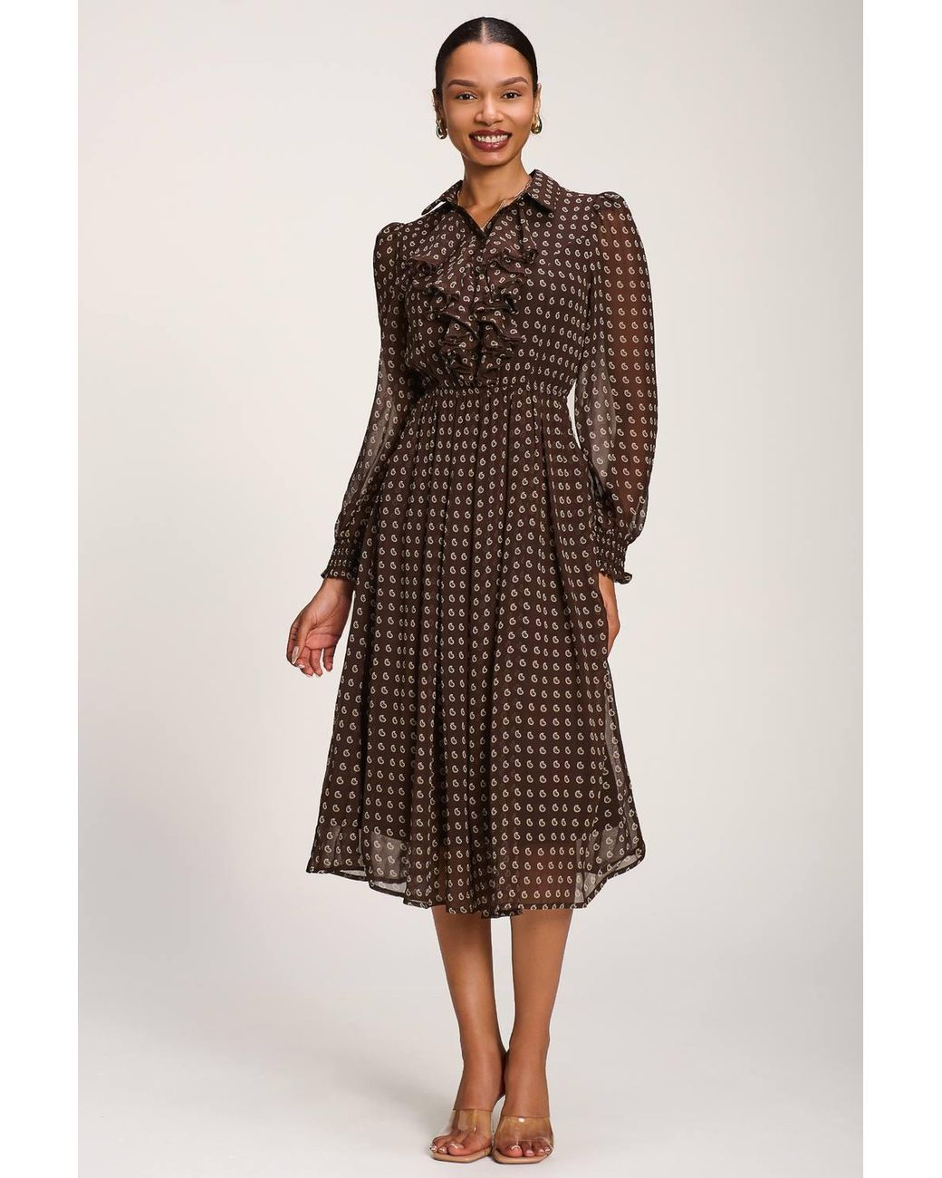 Jolie Moi Brown Chiffon Print Ruffled Shirt Dress