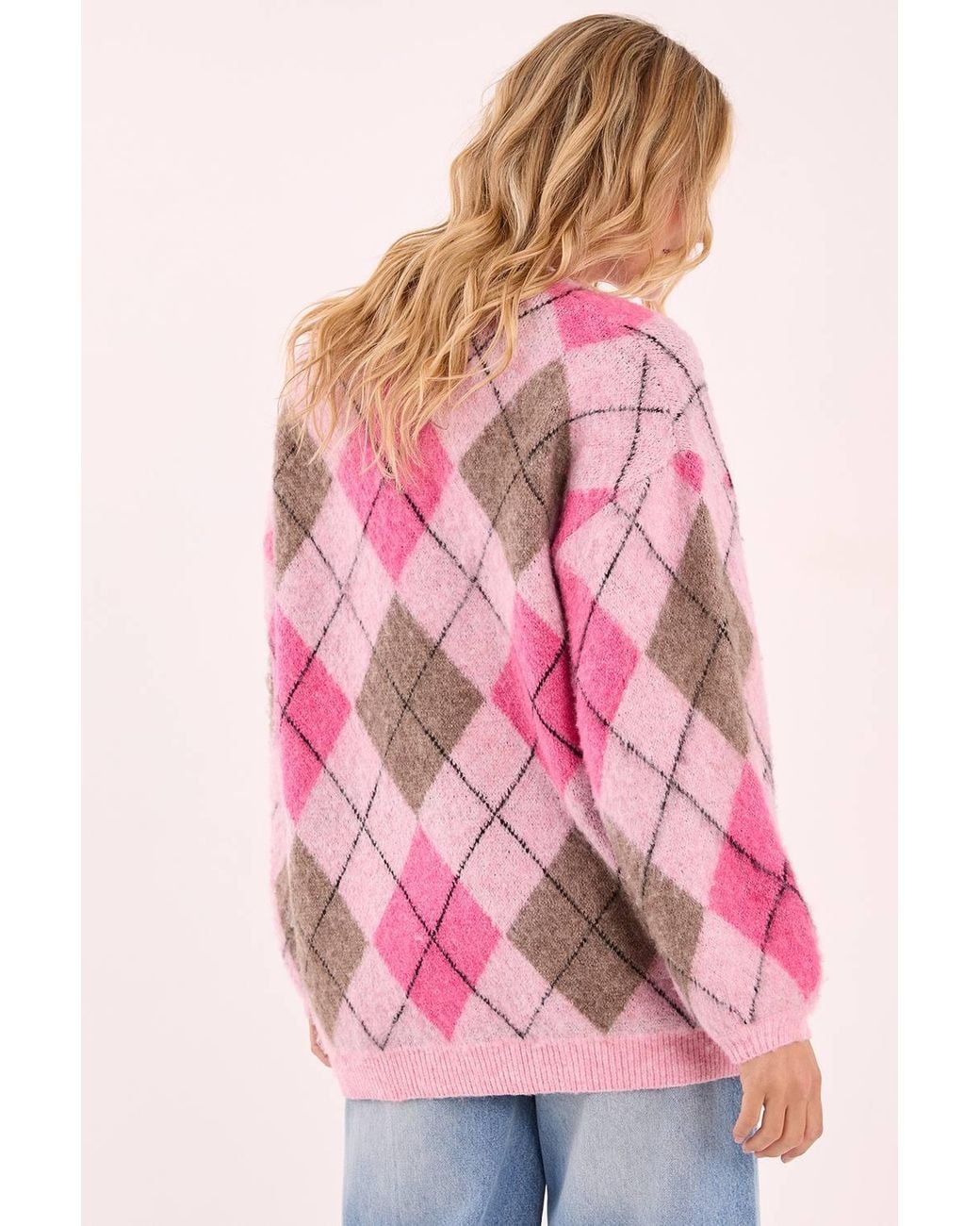 Nasty Gal Pink Brushed Argyle Ballon Sleeve Oversized Sweater