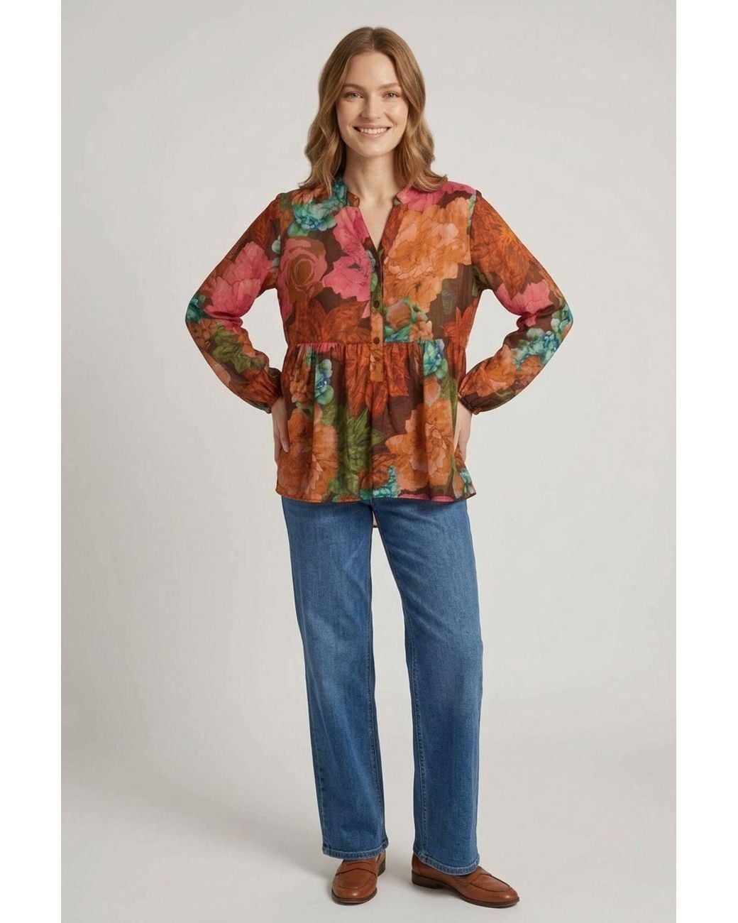 Izabel London Red Floral Long Sleeve Relaxed V-Neck Blouse