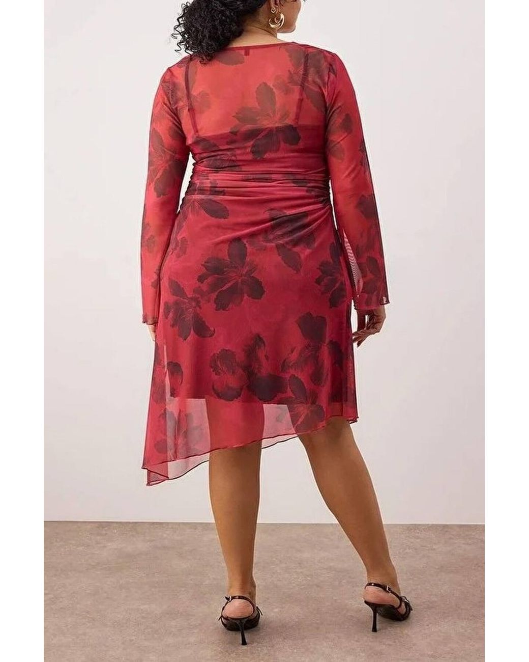 WOVCOR Red Floral Print Ruched Mesh Midi Dress W/ Long Sleeves
