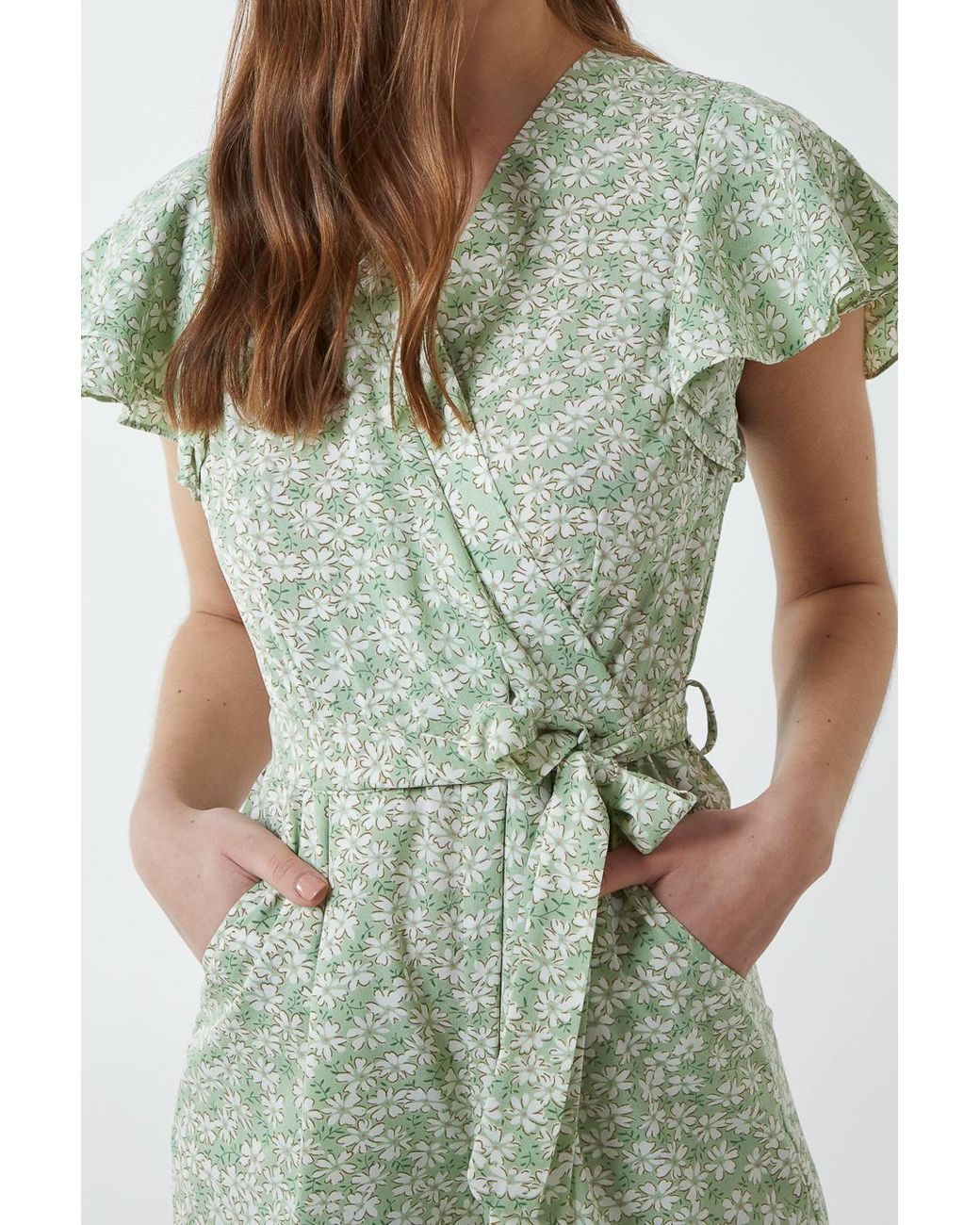 Blue Vanilla Green Wrap Front Frill Sleeve Jumpsuit