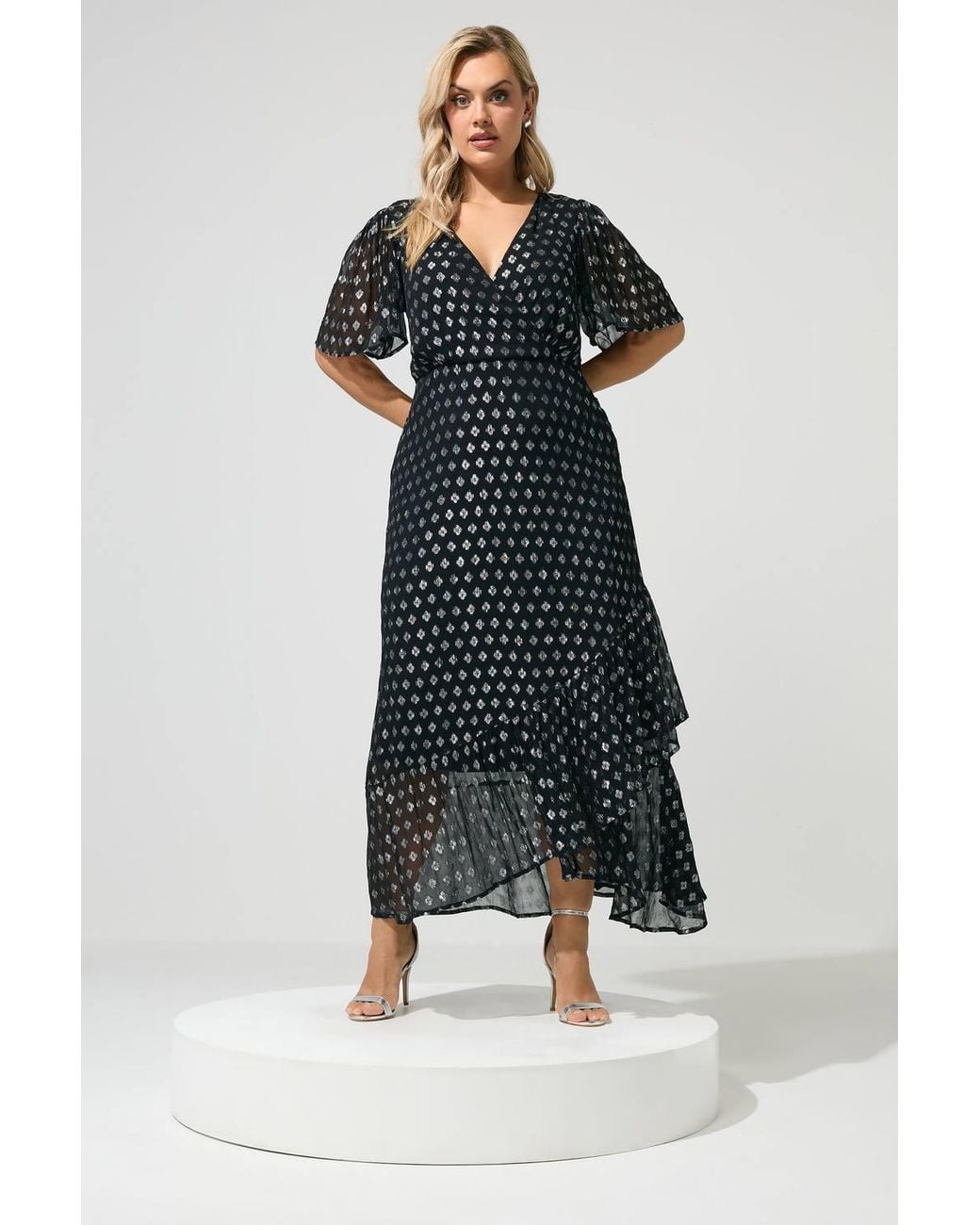Yours Blue Metallic Ruffle Wrap Dress