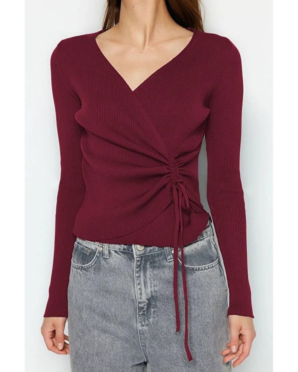 WOVCOR Red Wrap Ribbed Knit Sweater W/ Ruched Side Detail
