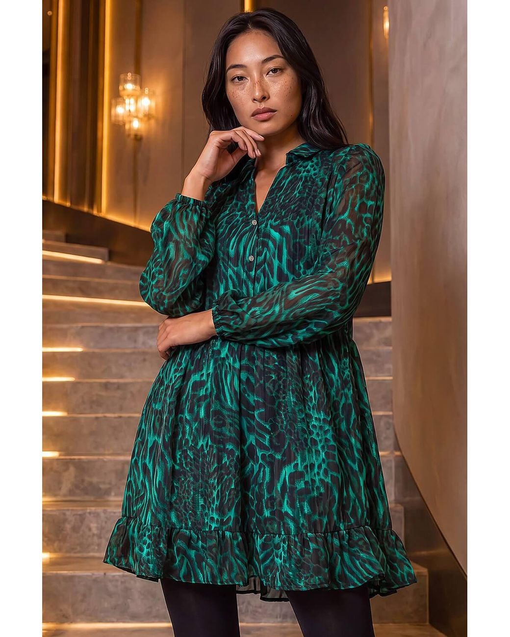 Roman Blue Petite Animal Print Frill Hem Dress