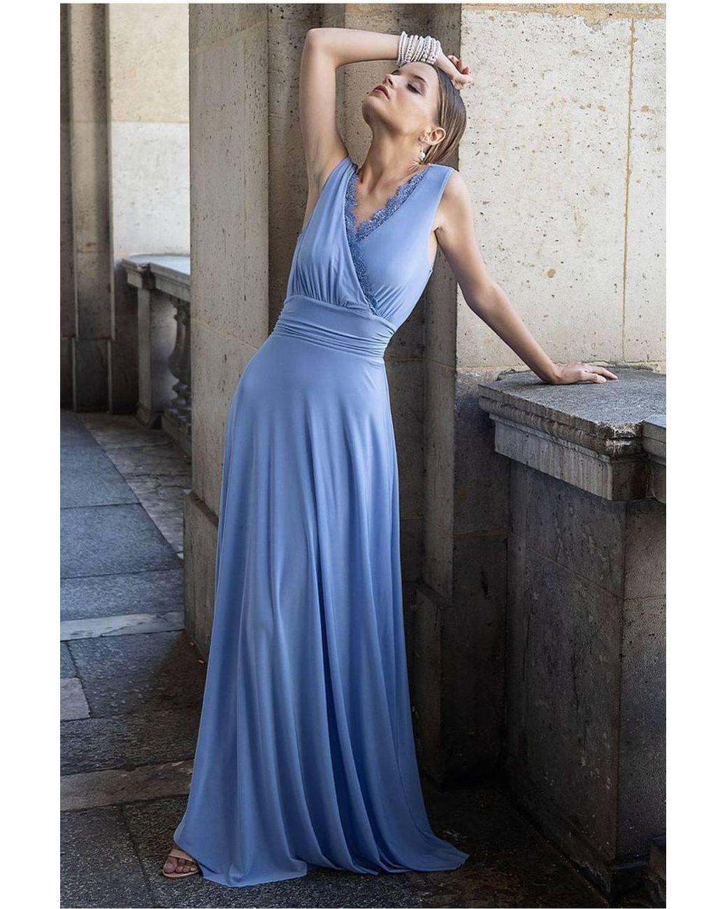 Goddiva Blue Diamante & Scalloped Lace Neck Maxi Dress