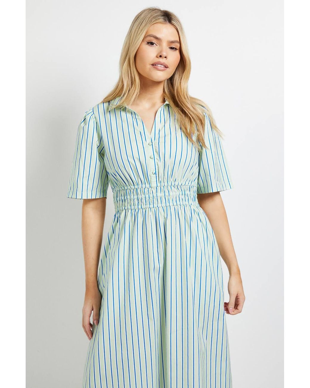 Dorothy Perkins Blue Collar Shirred Waist Detail Printed Poplin Midi Dress