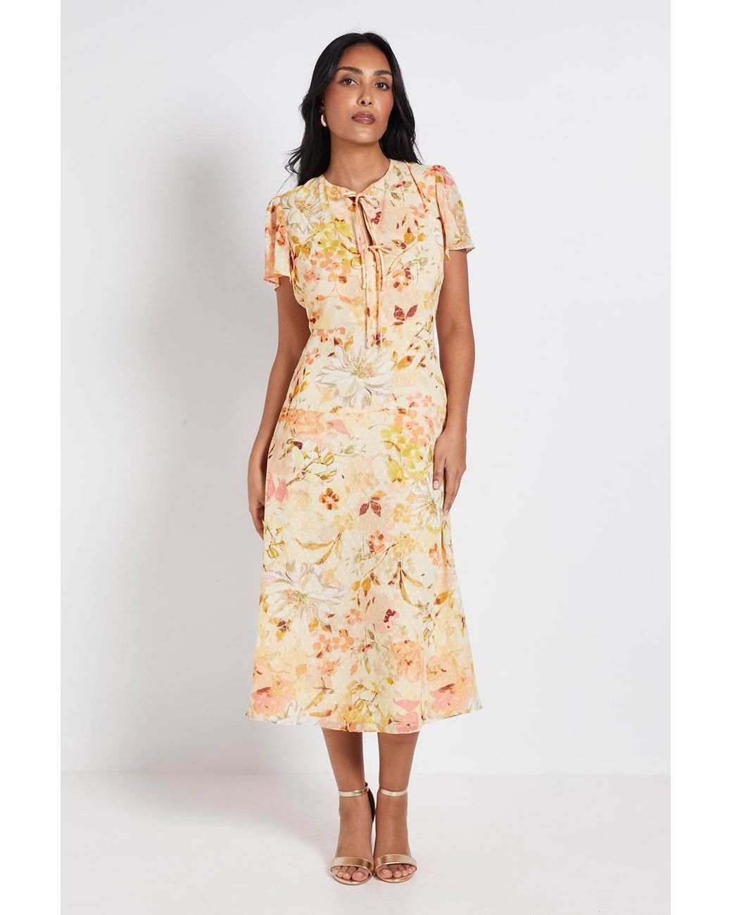 Wallis Natural Petite Floral Dobby Tie Front Midi Dress