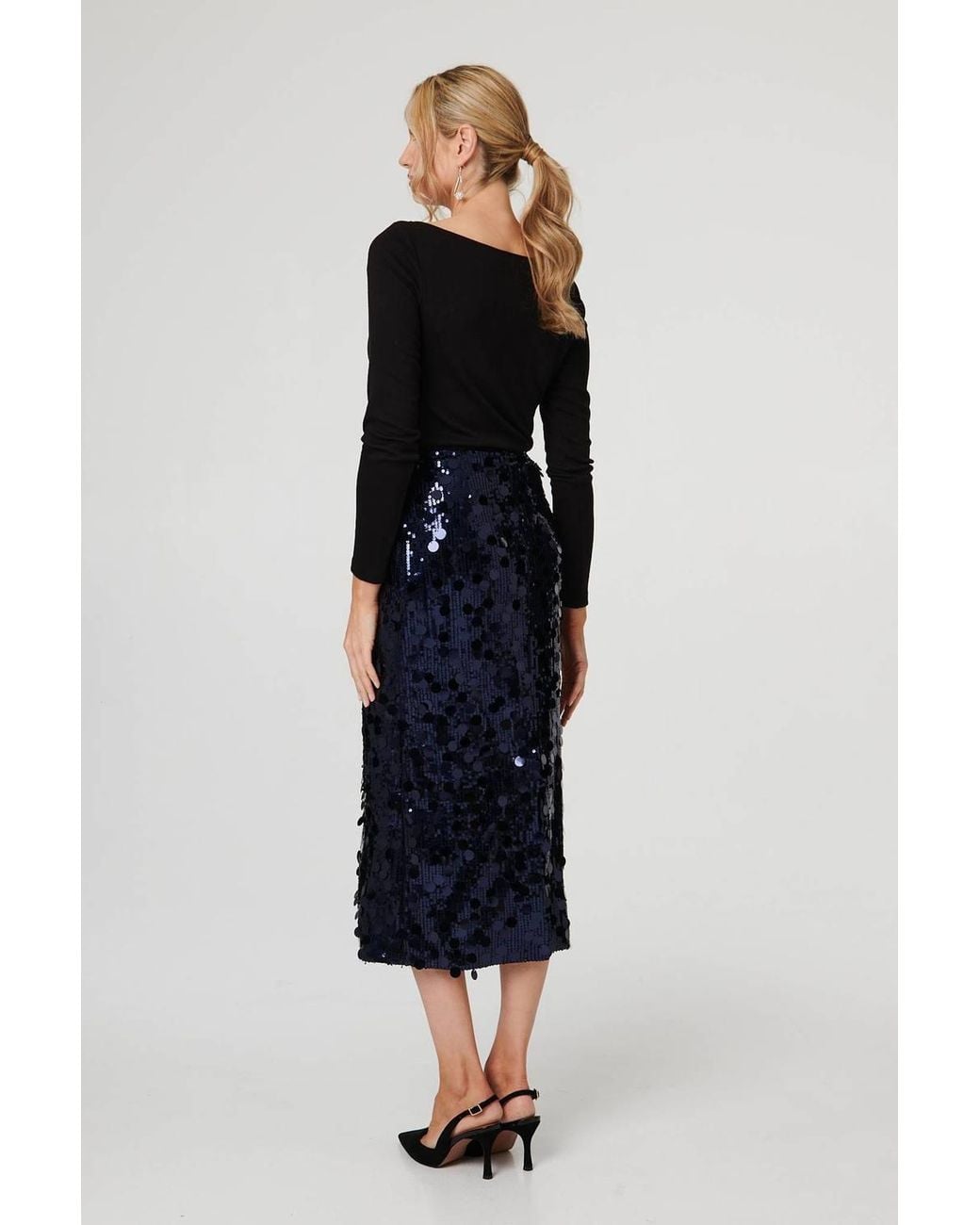 Izabel London Black Sequin Embellished Straight Midi Skirt