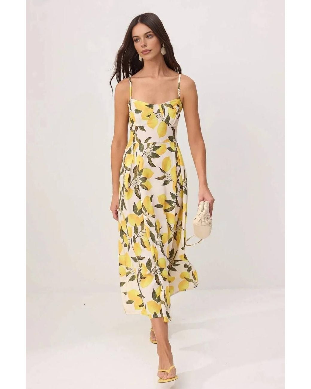WOVCOR Metallic Lemon Print Strappy Midi Woven Dress