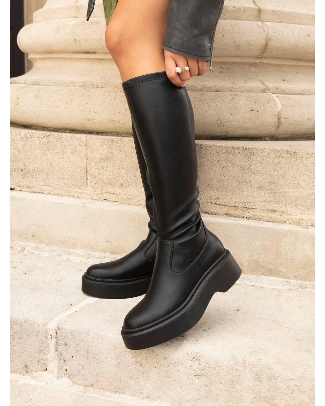 Linzi Black Bruna Faux Leather High Leg Stretch Boot