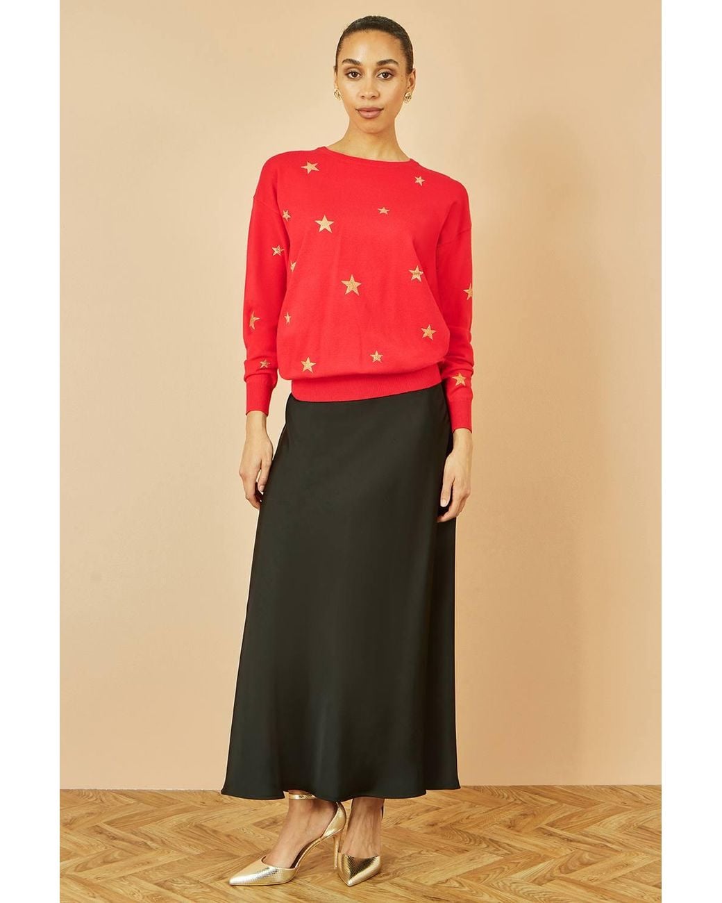 Yumi' Red Foil Star Print Relaxed Fit Jumper