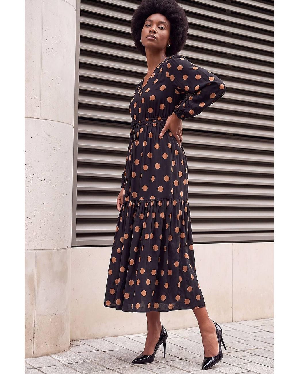 Roman Brown Polka Dot Stretch Midi Dress