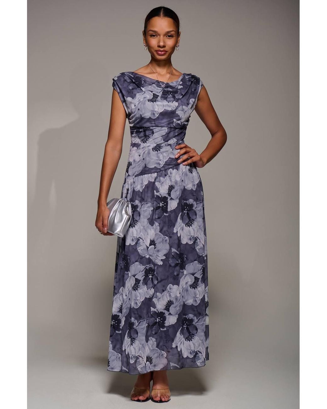 Jolie Moi Blue Asymmetric Draped Mesh Maxi Dress