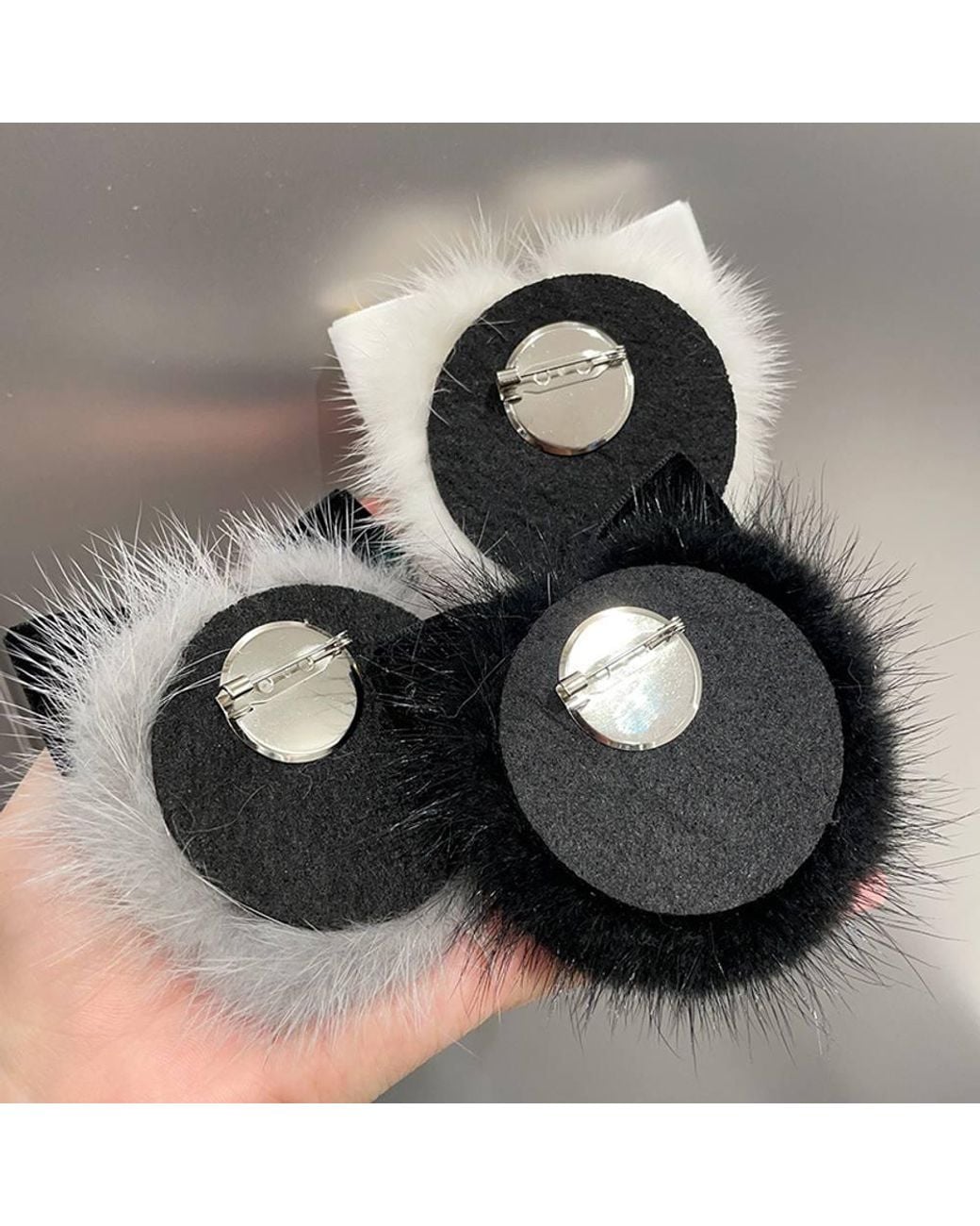 Peach Accessories Black Faux Fur Brooch W/ Velvet Bow & Gems