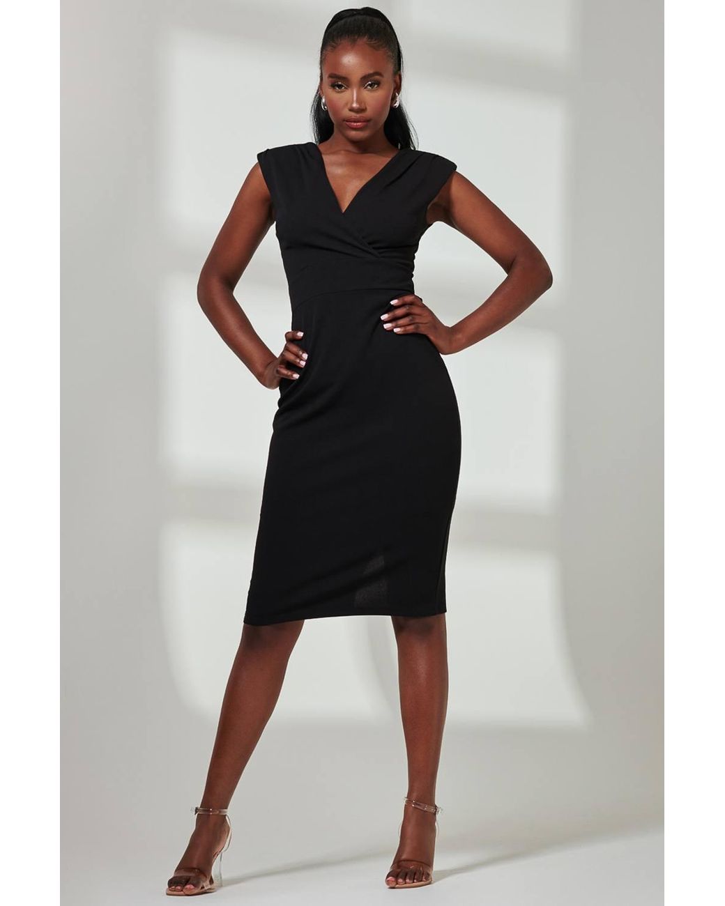 Jolie Moi Black Yiskah Wrap Bodice Pencil Dress
