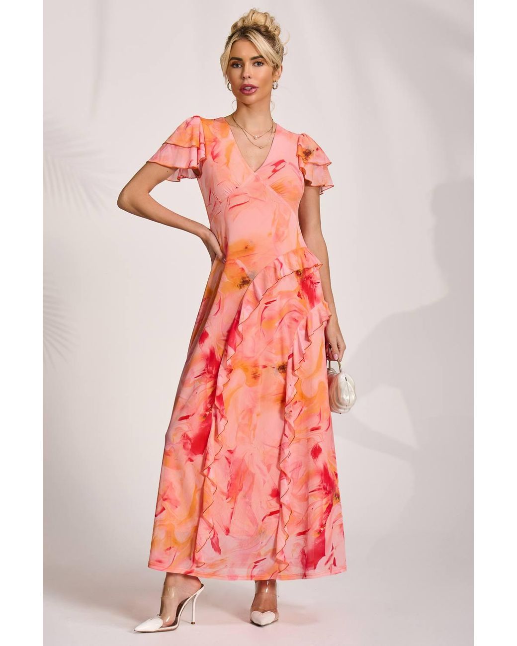 Jolie Moi Red Cap Sleeve Ruffle Mesh Maxi Dress