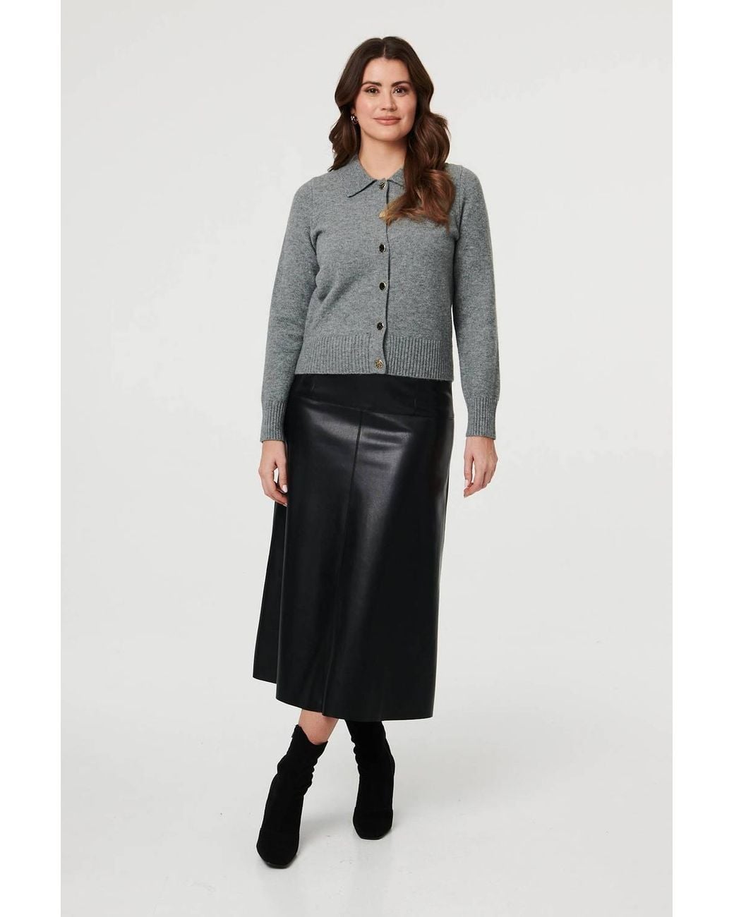 Izabel London Gray Textured Button Front Collared Cardigan