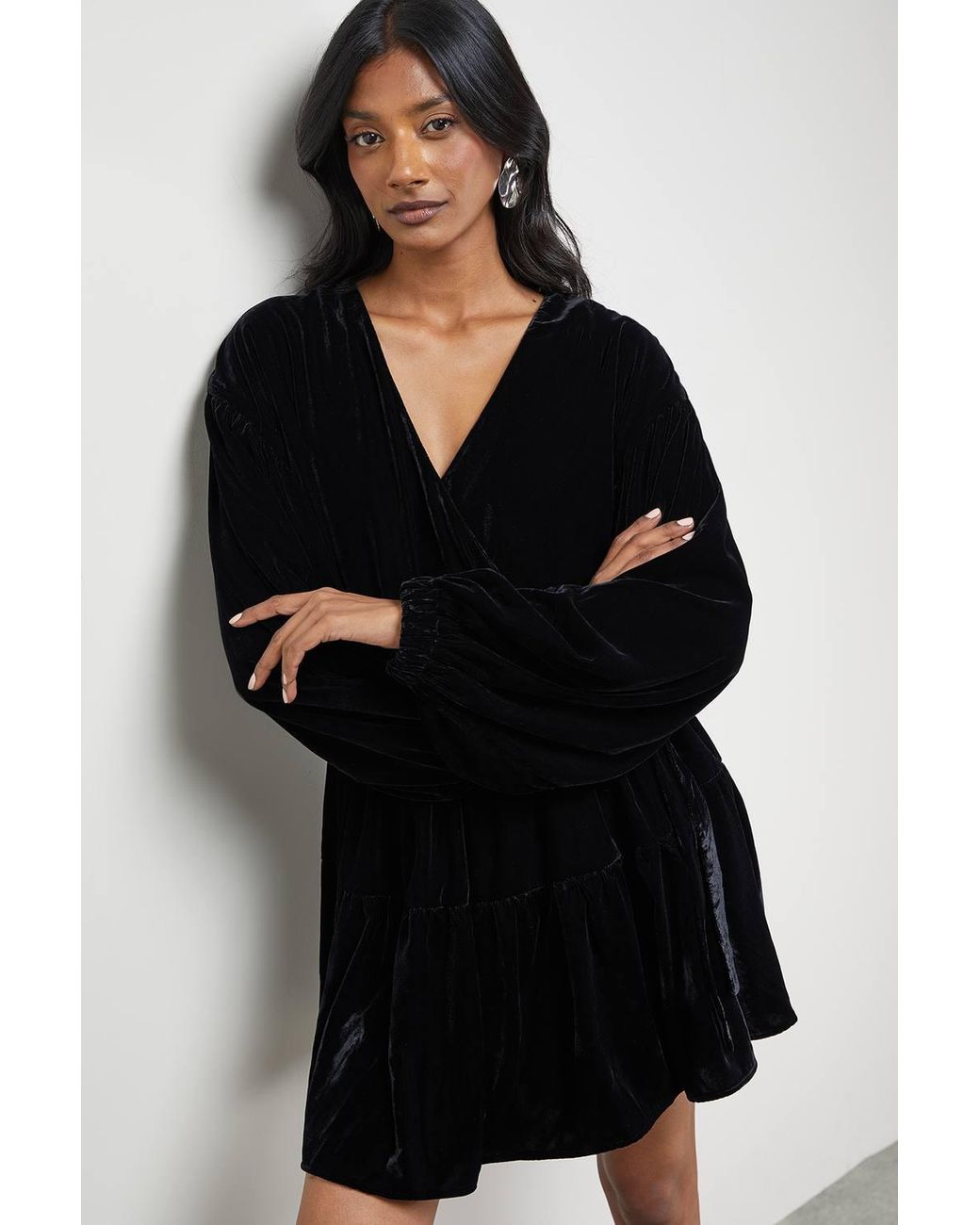 Warehouse Black Velvet Wrap Mini Smock Dress