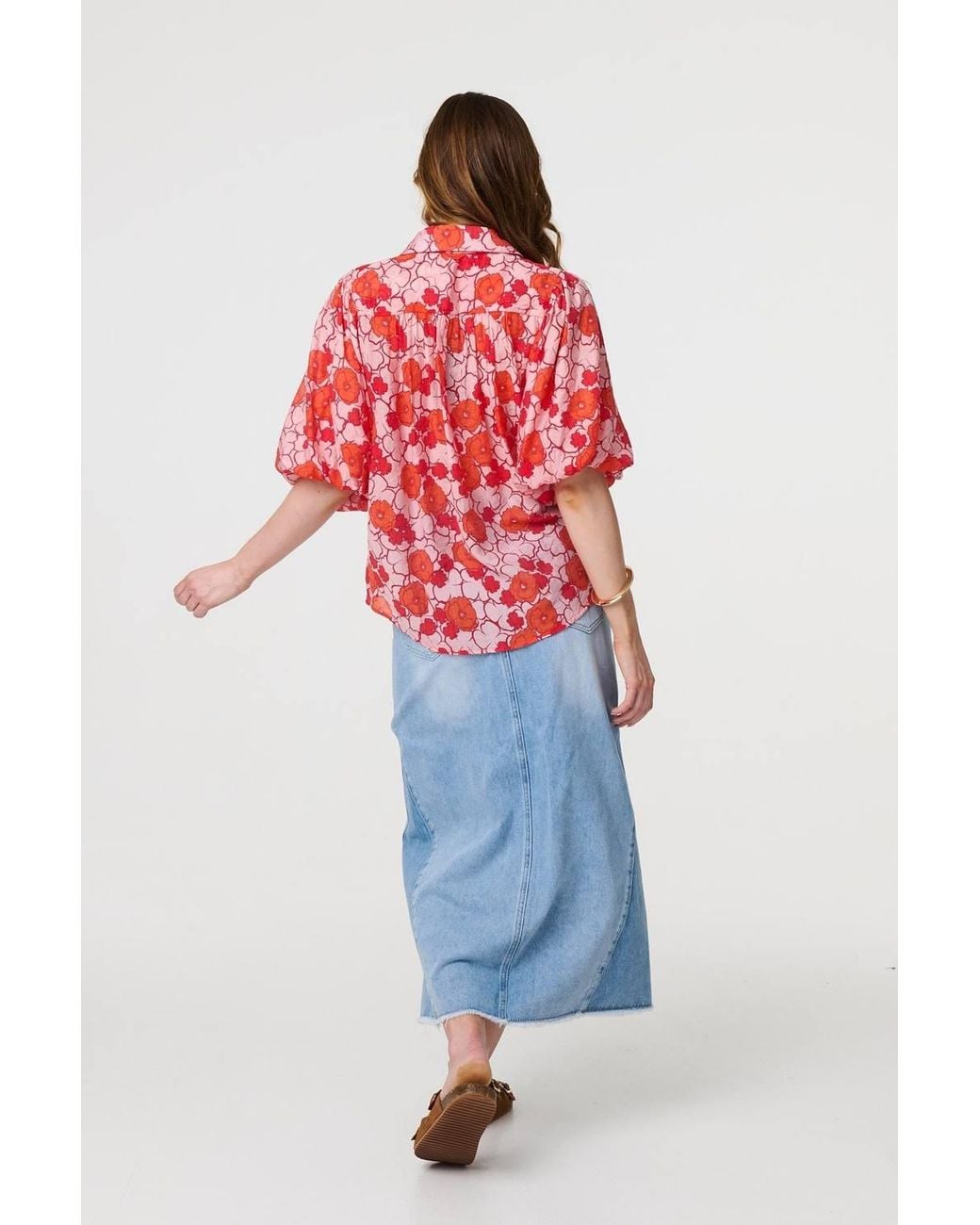 Izabel London Red Leaf Print 1/2 Puff Sleeve Blouse