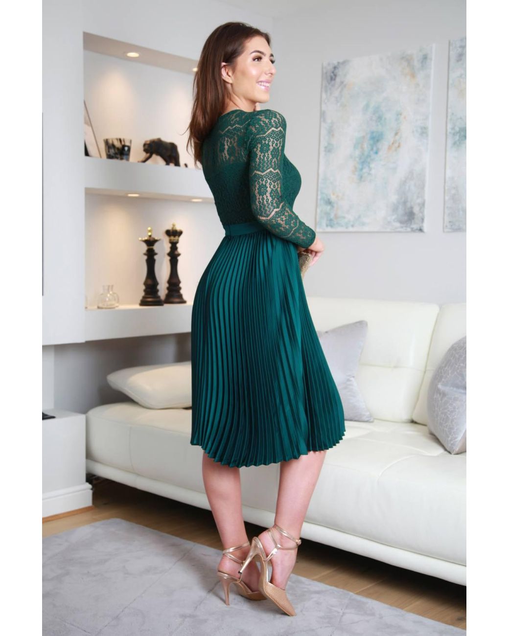 Double Second Green Lux Lace Dress W/ Pleated Satin Skirt