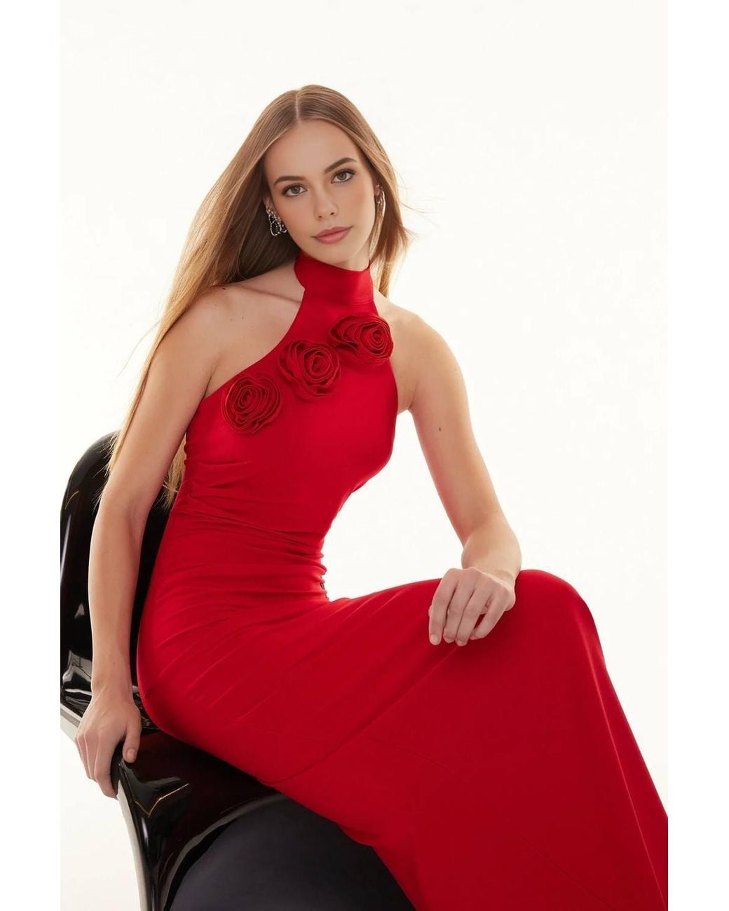 WOVCOR Red Woven Maxi Elegant Evening Dress W/ Rose Detail